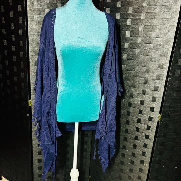 Vince Camuto Navy Blue Boho Open Front Cardigan with tassels and tie waist - Picture 4 of 11